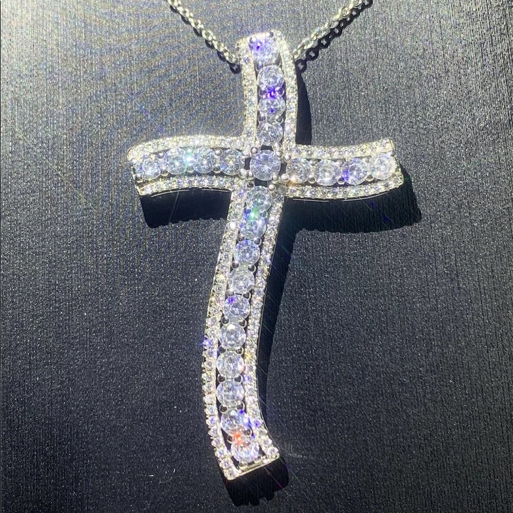 New Men Women 925 Silver Big Diamond Pendant Cross Necklace - Picture 6 of 6